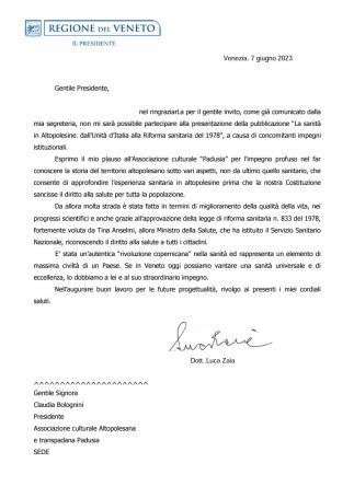 Regione Veneto - Lettera del Dott. Luca Zaia