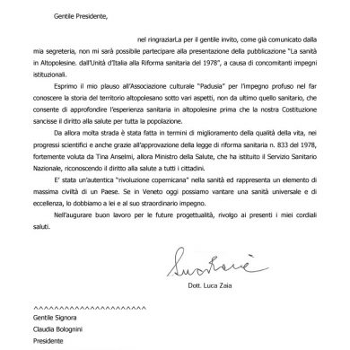Regione Veneto - Lettera del Dott. Luca Zaia
